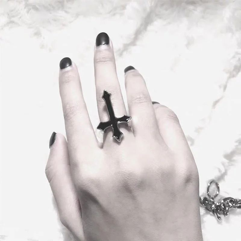 1Pc Vintage Black Big Cross Open Rings For Teens Party
