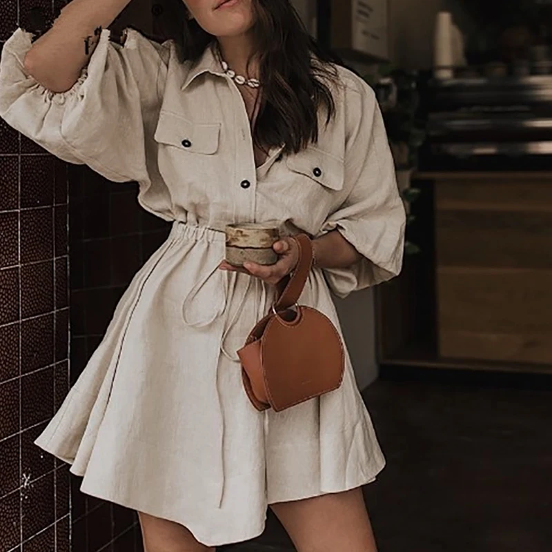 

BEFORW Summer Women Mini Shirt Dress Cotton and linen Vintage Turndown Collar Lantern Sleeve Dresses Lace Up Streetwear Dress