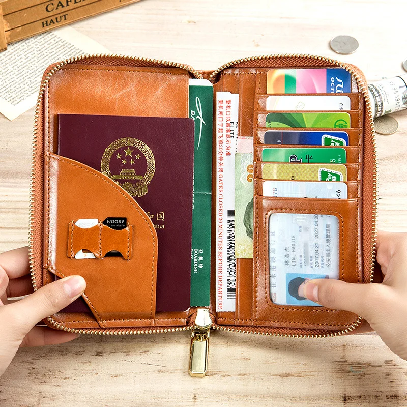 

Brand Genuine Leather Passport Card Holder Multi-functional Men Women High-Capacity Travel Documents Bag Zipper Wallets Purse