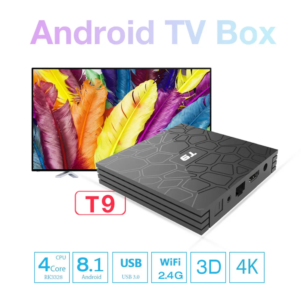 T9 TV Box Newest 4K Android 8.1 RK3328 Quad Core 4GB RAM 32GB ROM Smart TV Box Netflix Media Player Set Top Box with USB 3.0 T9 TV Box Newest 4K Android 8.1 RK3328 Quad Core 4GB RAM 32GB ROM Smart TV Box Netflix Media Player Set Top Box with USB 3.0