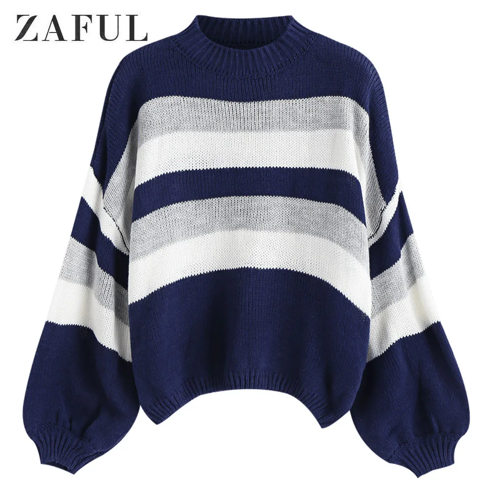 

ZAFUL Stripes Lantern Sleeve Pullover Sweater Mock Neck Drop Shoulder Casual Women Sweater Oversized Pullovers Autumn Pull Femme