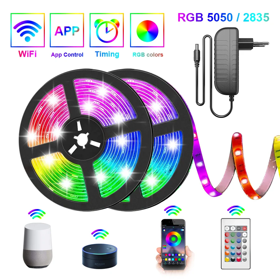Tira de luces LED RGB 5050 con WIFI, cinta Flexible de diodo con aplicación WIFI para adaptador Alexa + tira, 5M-30M, 2835
