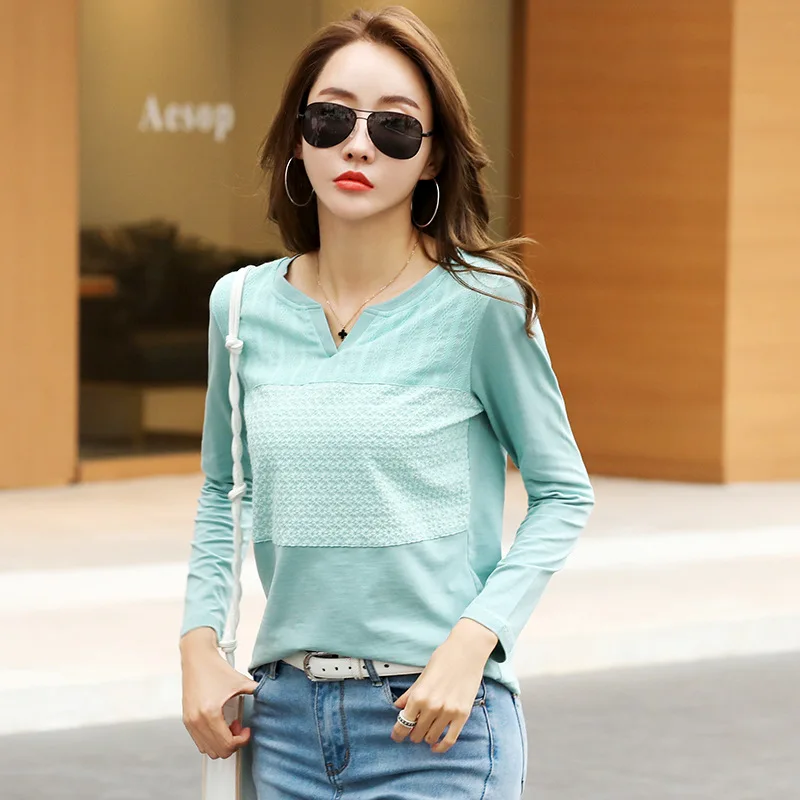 

Autumn New Lace Women Tee T Shirt Femme Slim Long Sleeve Embroidery Office T Shirt Lady Tops Cotton T-Shirt Casual High Quality