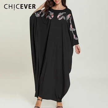 

CHICEVER Dress Female Embroidery Print O Neck Batwing Sleeve Oversize Loose Casual Maxi Dresses Women 2020 Fashion New Clothes