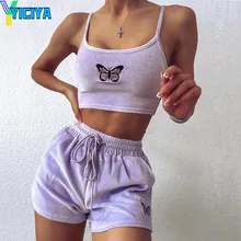 

Yellow Velvet Crop Top and Shorts Women 2 Pieces Set Summer Embroidery Cami Drawstring Shorts Female Loungewear Velour Suit 2022