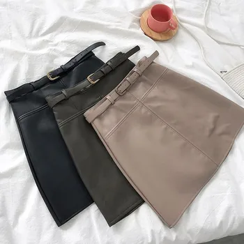 

PU Leather 2020 Autumn Spring New Women Skirt High Waist Solid Sashes Mini Skirt A-Line Korean Above Knee Skirt Falda Hippie