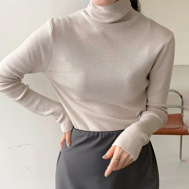 

Women's new sweater Korea autumn winter simple high collar solid color elastic slim fit, easy to wear with long sleeve Pullover