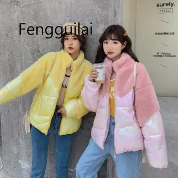 

Winter Jacket Women Imitation Lamb Down Splicing Cotton Long Coat Leisure Harajuku Dames Jassen Winter Veste Femme Parka