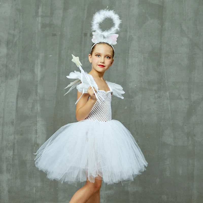 Белое платье-пачка небесного ангела для девочек с ореолом и блестками, крылья Ангела на спине, детское нарядное платье на Хэллоуин, Рождественский Костюм