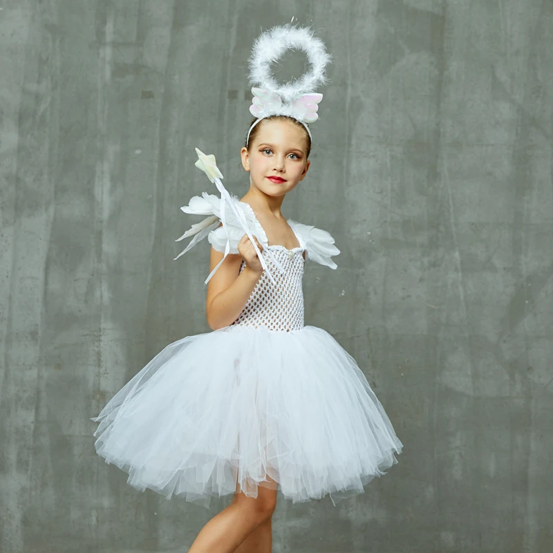 Girls White Heavenly Angel Tutu Dress with Halo & Sequin Angel Wings Back Children Halloween Fancy Dress Up Christmas Costume (12)