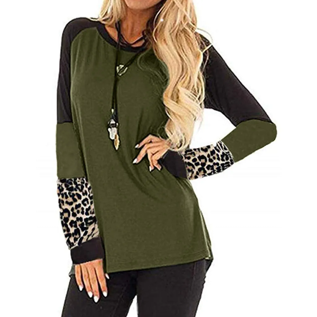2019 ladies leopard solid color stitching long-sleeved shirt sweater 
