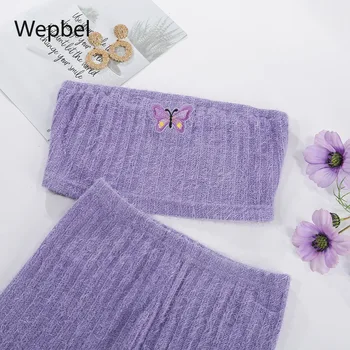 

WEPBEL Women Sweater Pajamas Sets Knitted Purple Butterfly Chest Sexy Sleepwear Suit Fashion Female Casual Panties Nightwear