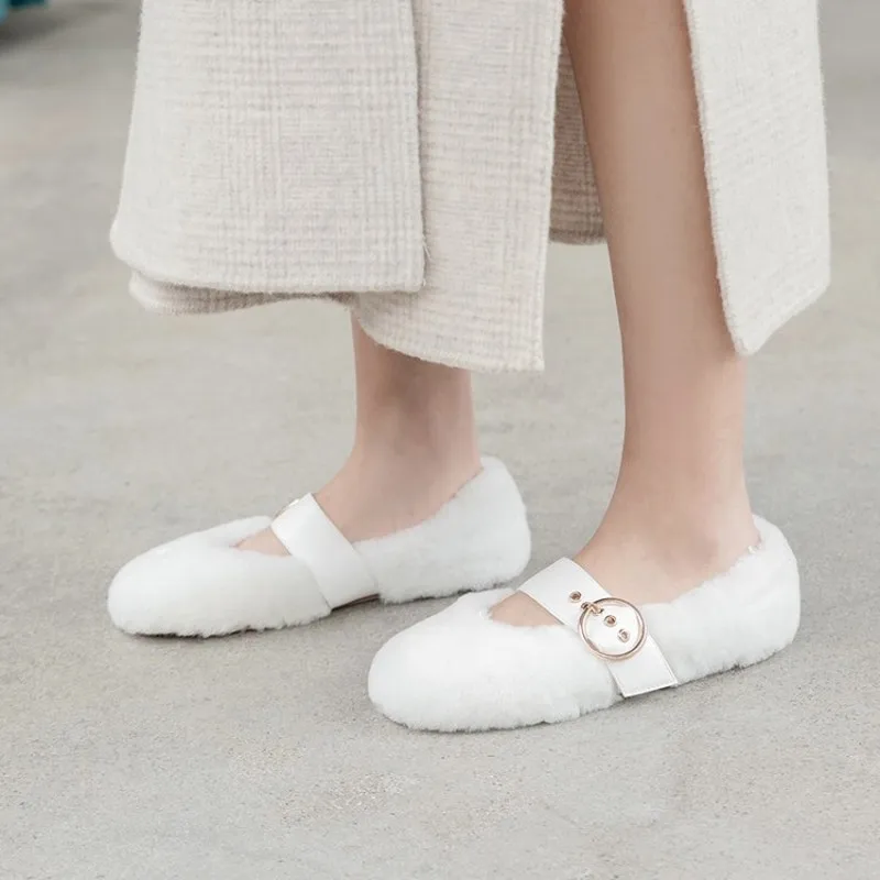 

US4-11 Womens Round Toe Flats Real Wool Sheep Fur Shearling Warm Winter Belt Buckle Mules Genuine Leather Shoes Black White New