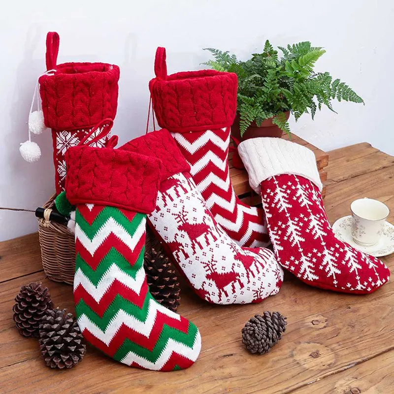 1 Pcs Christmas Stockings Gift Bag Knitted Wool Socks Christmas Tree Ornaments New Year Kids Gift Xmas Candy Apple Large Bags