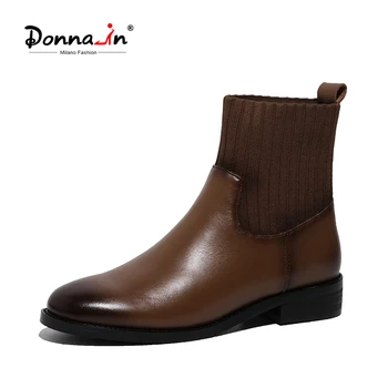 

Donna-in 2020 Autumn Winter New Style Leather Boots Retro Round Toe Short Plush All-match Thick High Heels Women‘s Ankle Boots