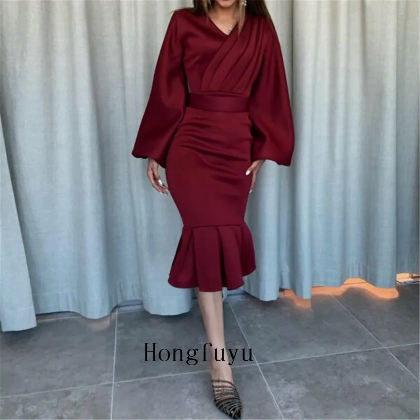 

Red Sexy V-Neck Short Evening dress Long Sleeve Satin Zipper Prom Dresses 2021 Women Formal Evening Gowns robes de soirée