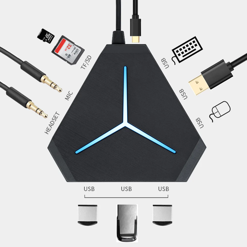 

6in1 USB Hub Splitter Mic 3.5mm Headset Adapter TF SD Card Reader Cool Light Charging USB 2.0 Hub for Multi-device Computer