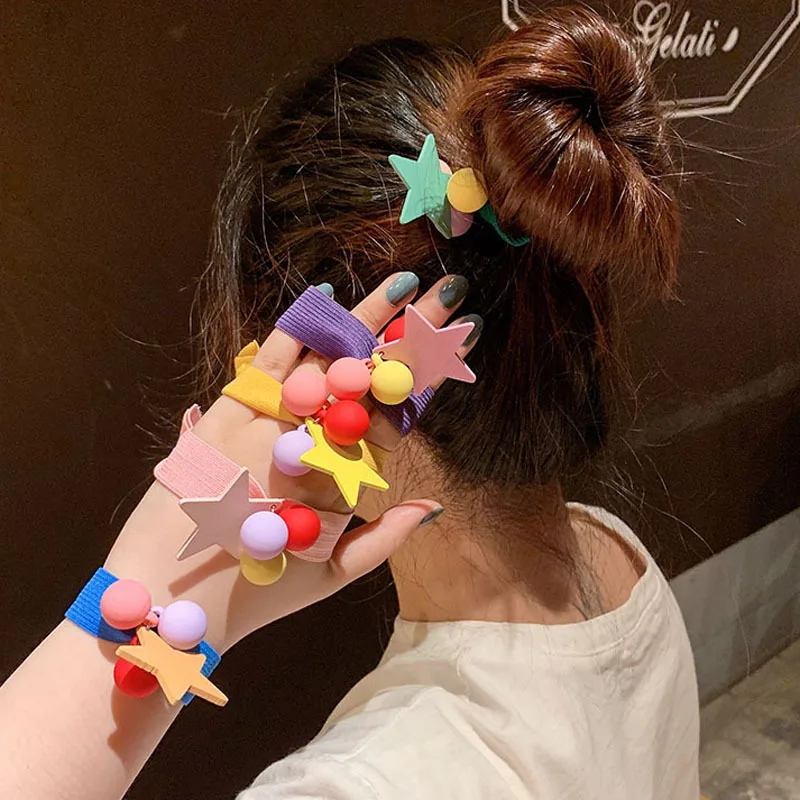 

Korean version ins girls cute ring net red simple head rope color five-pointed star tied hair rope rubber band hair accessories