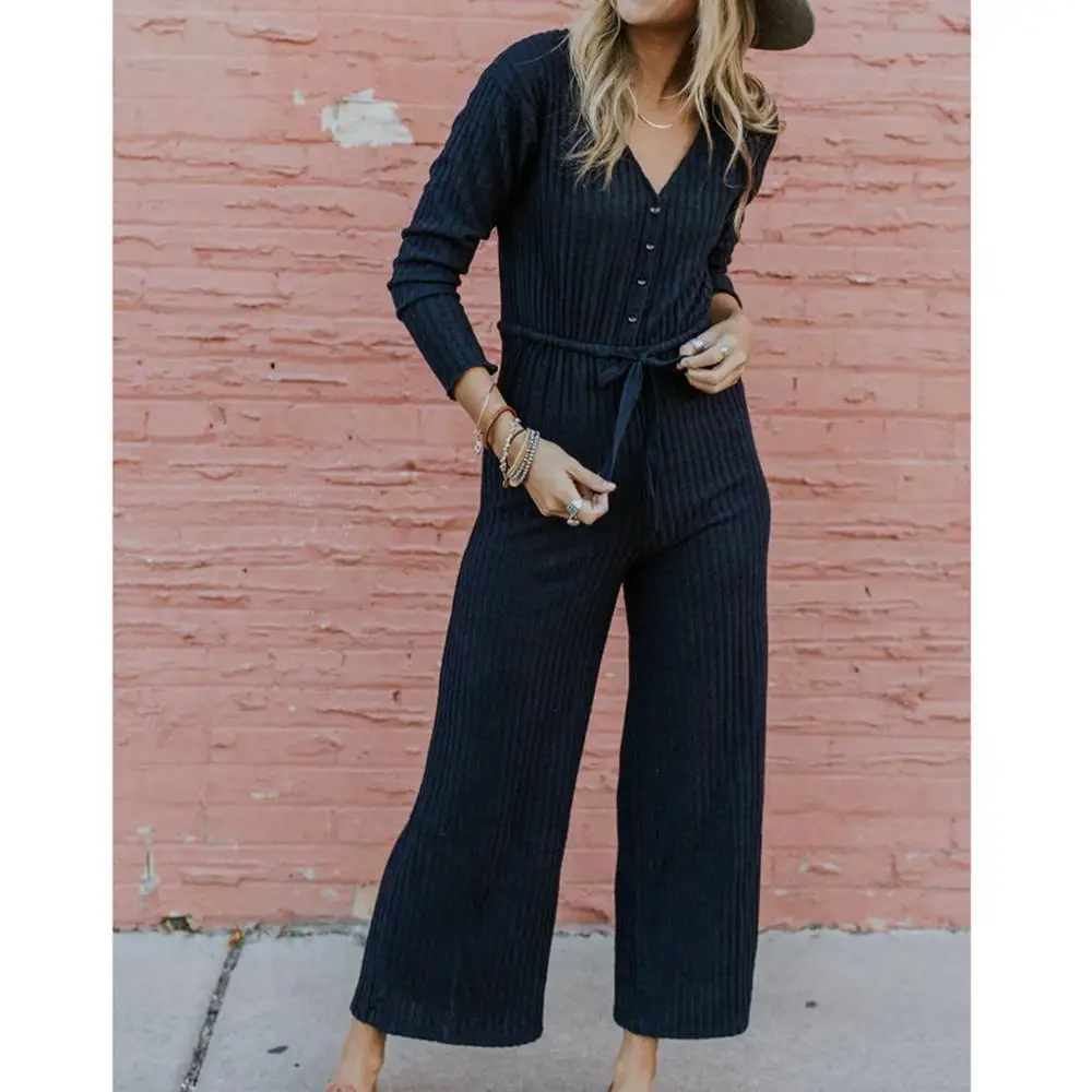 

Women Jumpsuits Fall Casual Solid Color V Neck Button Long Sleeve Wide Leg Rompers Overalls Monos de Fiesta 2020 New Hot Sale E