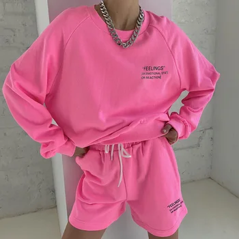 

Causal Style Women Set Loose Hoodie + Shorts Suit Individual Long Sleeve O-neck Streetwear Fluorescent Green Women Sets 2020 New