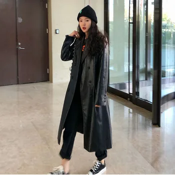 

LANMREM 2020 Spring New Black Pu Leather Windbreaker Long Korean Version Of The Lapel A-line Jacket 19B-a562