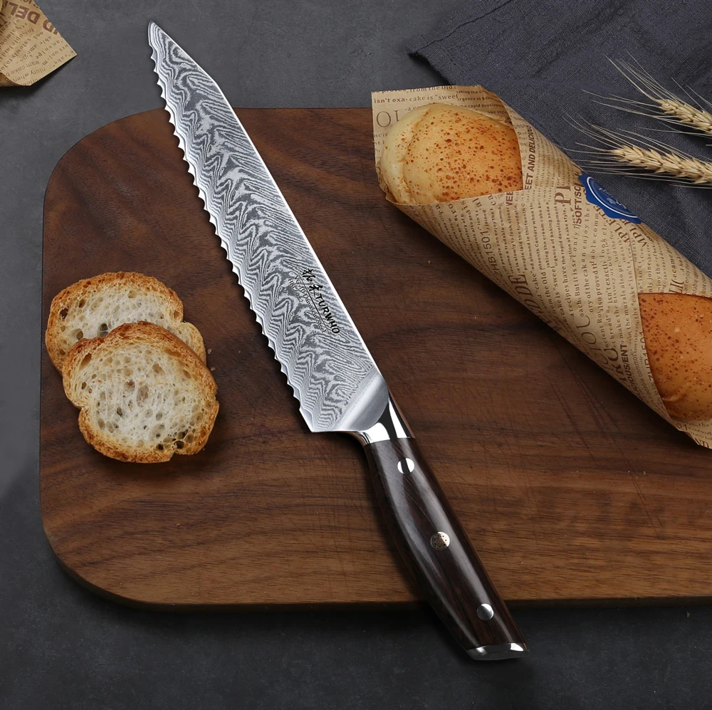 TURWHO 8 дюймов шеф-повара зубчатый нож для хлеба Дамасская нержавеющая сталь красная ручка сандалового дерева кухонные ножи Высокое качество нож для торта