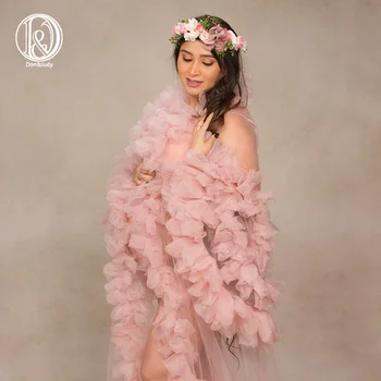 

Don&Judy Maternity Shoot Pink Prom Dresses Robes For Women Long Sleeve With Ruffles Prom Party Puffy Tulle Gowns Dress
