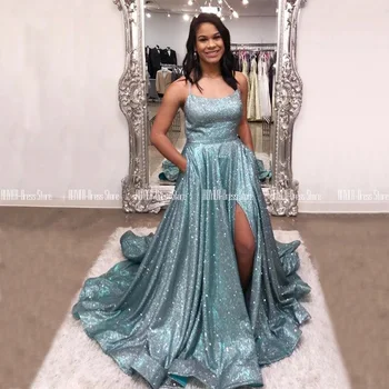 

Glittery Long High Split Prom Dresses 2020 Lace Up Back Evening Party Gowns With Pockets Vestidos De Fiesta De Noche