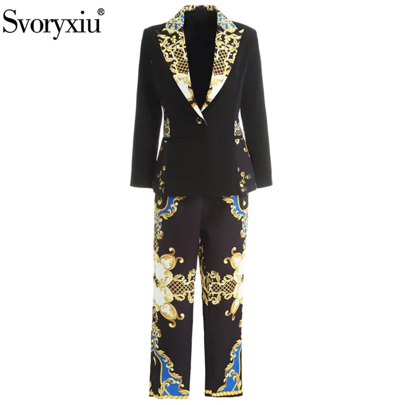 

Svoryxiu 2019 New Autumn Winter Designer Blazers Two Piece Set Women's luxury Gold Printed Fashion Pants Suits Ladies