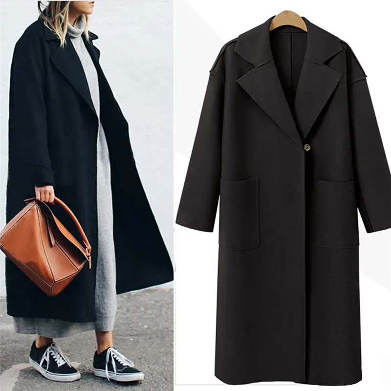 

Fashion Women Woolen Coat Autumn Winter Warm Long Coat Lady Solid Lapel Overcoat Windbreaker Button Woolen Outwear With Belt 5