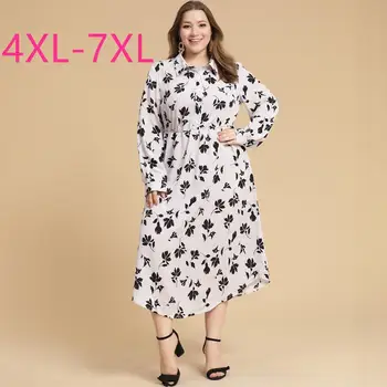 

Spring autumn new plus size long shirt dress for women loose casual long sleeve print flower lapel dresses white 4XL 5XL 6XL 7XL