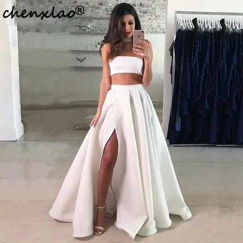 

Fashion White Two Pieces Prom Dresses 2019 Floor Length Halter Neck Sexy Open Shoulder Wrap Skirt Slit Prom Gowns