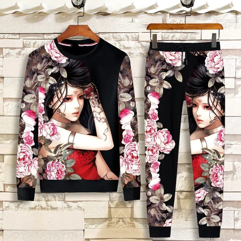 pink 2pcs Высокая улица мужские повседневные спортивные 3 шт наряды с длинным рукавом o-образным вырезом свитшоты шнурок талии полной длины брюки размера плюс M-5XL - Цвет: pink 2pcs