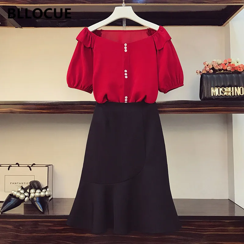 

Женский модельный Дизайнерский Костюм BLLOCUE, шифоновая рубашка с коротким рукавом и воротником-стойкой и черная юбка-годе средней длины, лето 2020