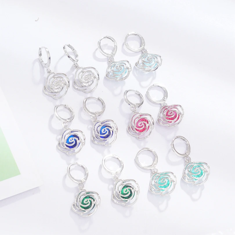 Hollow Rose Flowers Hoop Earrings Girl Gift White Gold Color Cubic Zirconia Circle Earring Women Dropshipping
