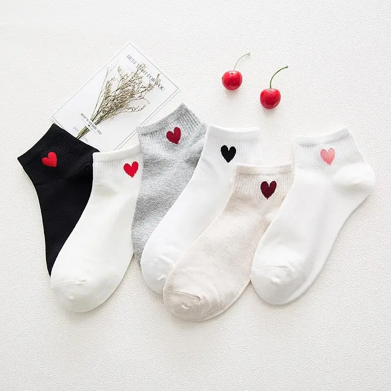 1 пара, милые спортивные носки с красными сердечками для колледжа, простые, базовые, свежие,, хлопковые носки для женщин, спортивные носки, Прямая поставка