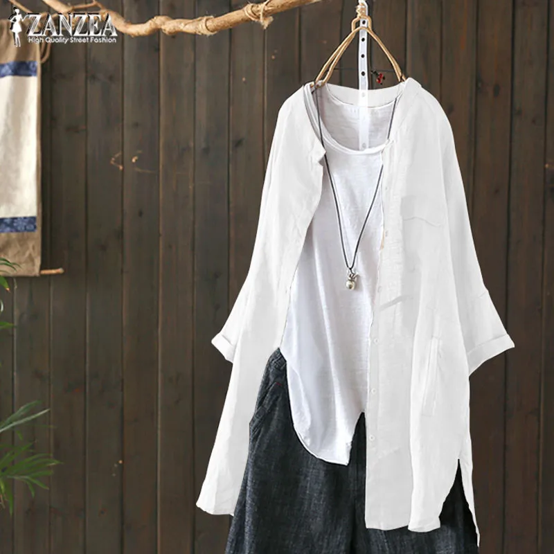 Большие размеры женская льняная блузка Осень ZANZEA повседневные кардиганы на пуговицах женские блузы с длинными рукавами Женская Туника Футболка 5XL