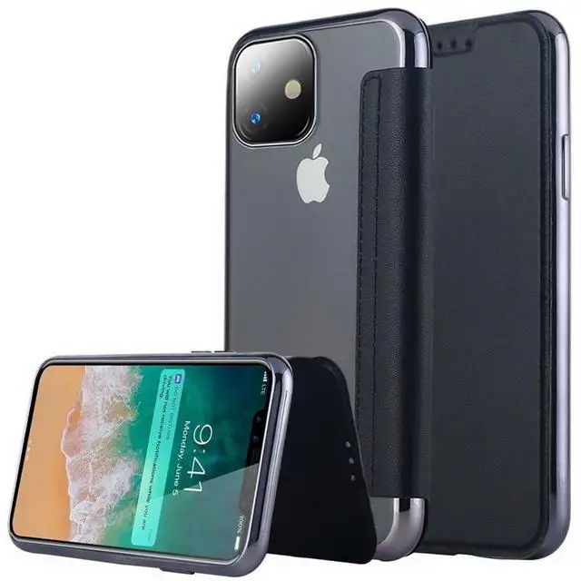 Thời Trang Mạ Điện Slim Book Flip Case Cho iPhone X XR XS Max 5 5S SE 6 6S 7 8 8 Plus 11 Pro Max Khe Cắm Thẻ Đứng Bao Da Clear apple charging case Cases For iPhone