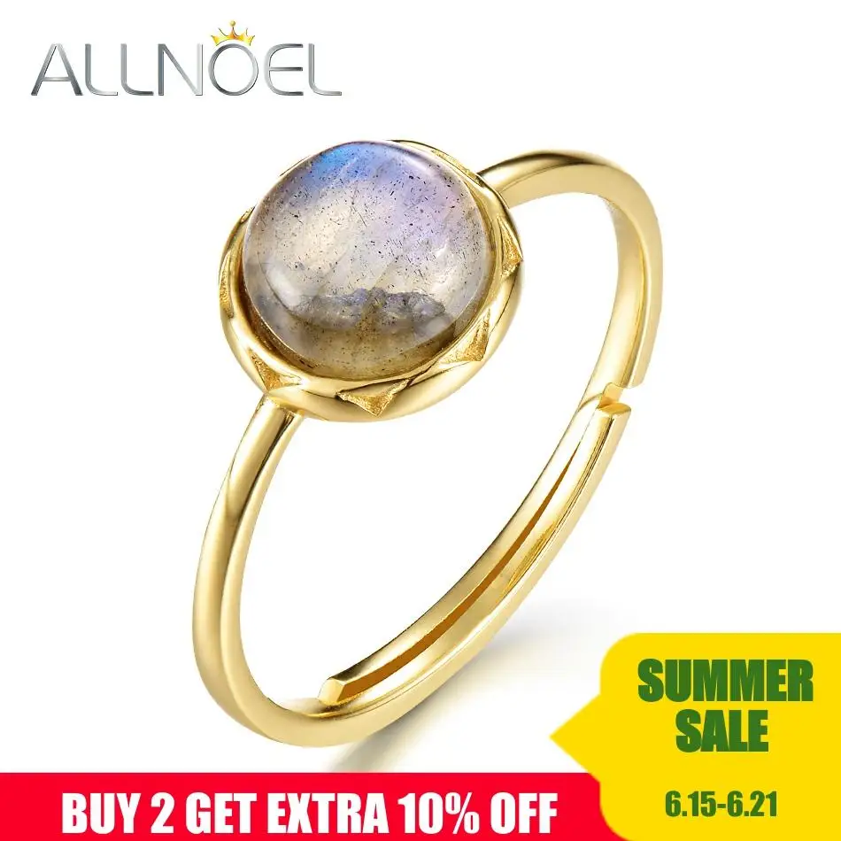 

ALLNOEL 925 Sterling Silver Ring For Women 100% Natural Labradorite Gemstone 1.3ct Real Gold Engagement Adjustable Finger Ring