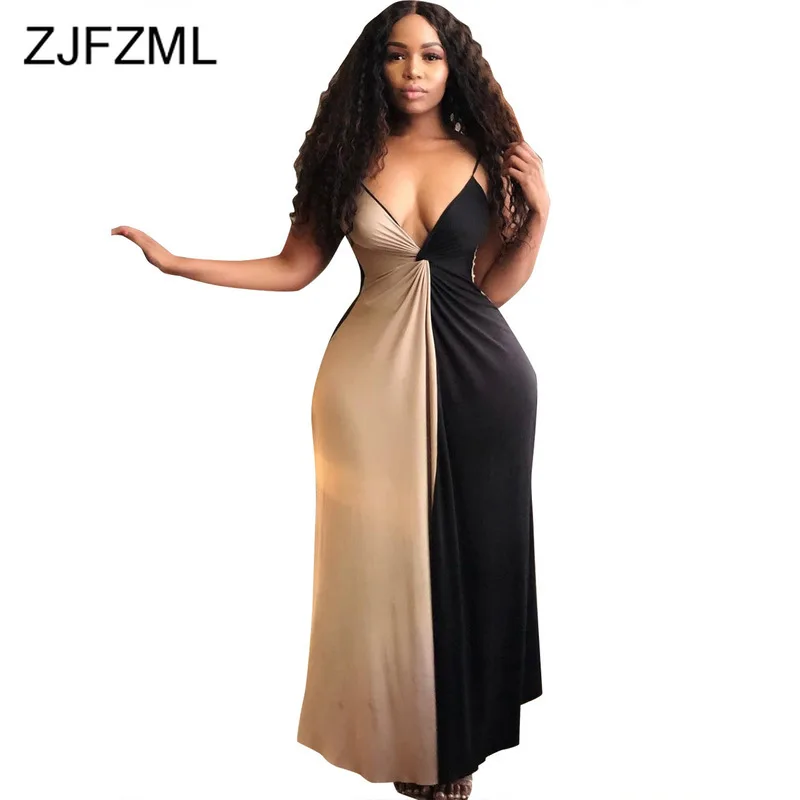 

Spaghetti Strap Contrast Color Sexy Maxi Dress Women Deep V Neck Long Party Dress Summer Backless Pleated Fit and Flare Dress
