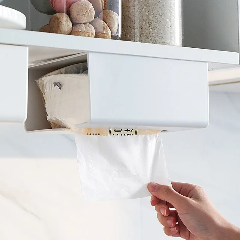 

Kitchen Self Adhesive Tissue Box Napkin Holder Wall Mounted Creative Simple Plastic Multi-function Paper Holder Towel Rack