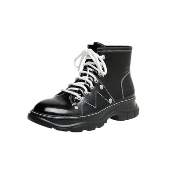

New Female Motorcycle Short Boots Winter Warm Women Cross-tied Ankle Boots Party Basic Shoes Woman Newest Chunky Heels