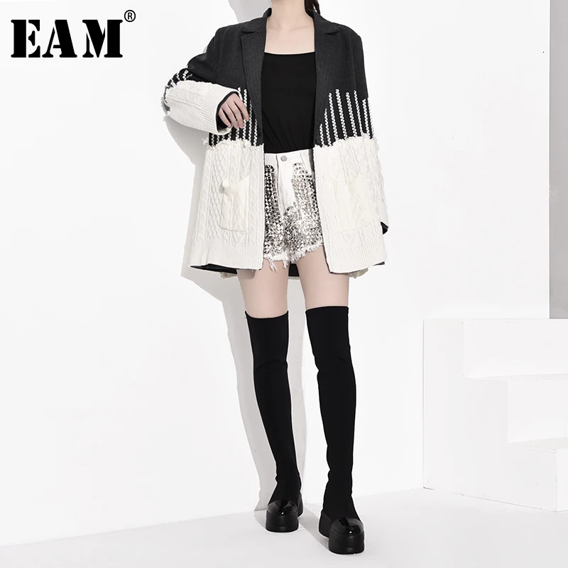 [EAM] свободный крой, серый цвет, котраст, раскол, вязанная куртка, новинка, с отворотом, длинный рукав, Женское пальто, мода, Осень-зима JZ2481