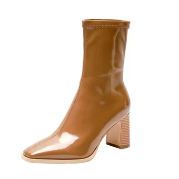 

Party Office Lady Shoes Woman Vintage Retro patent Leather Women Ankle Boots 2020 Winter Square Toe Thick Heels Pumps