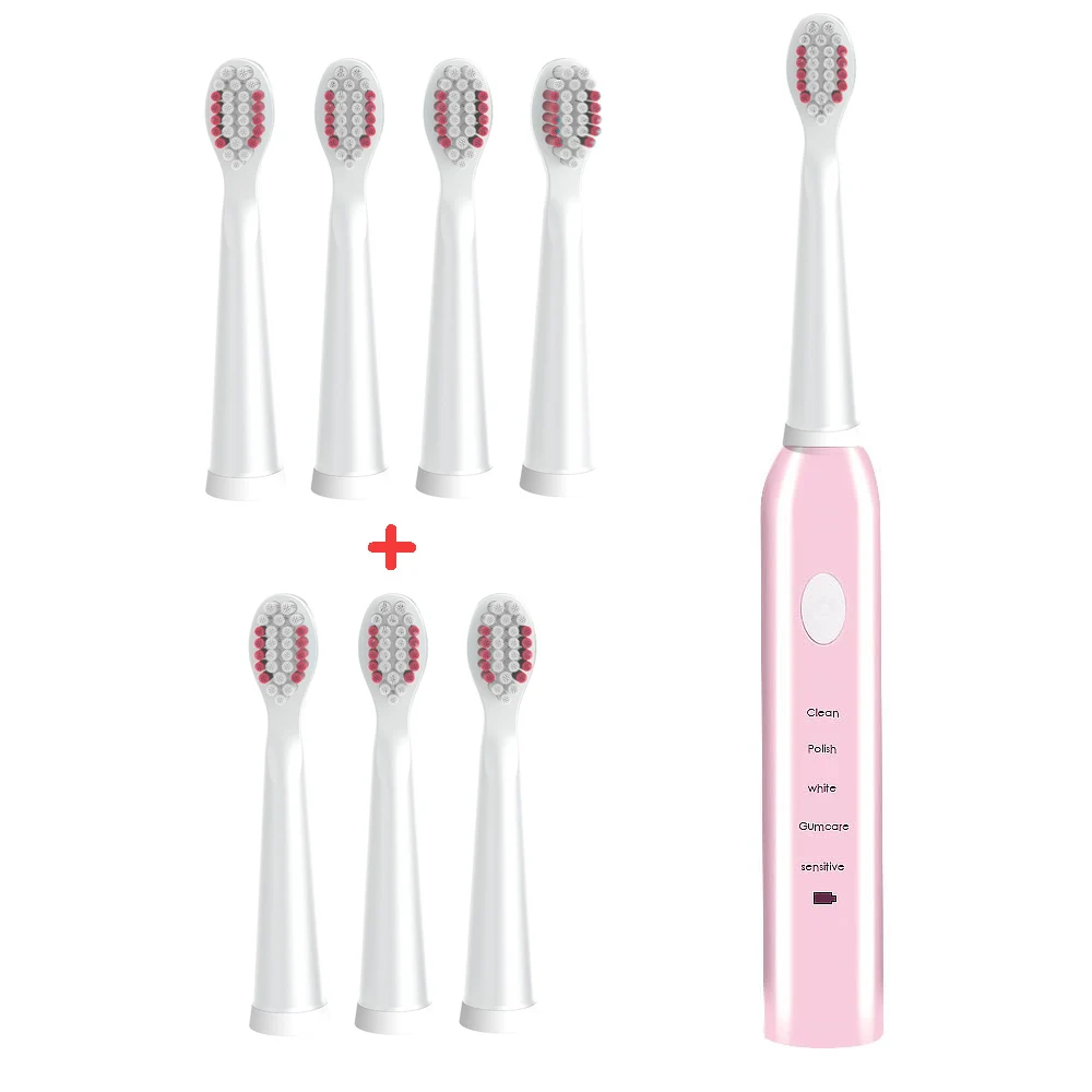 Мощная ультра звуковая электрическая зубная щетка USB зарядка перезаряжаемая зубная щетка моющаяся электронная отбеливающая зубная щетка - Цвет: Pink-brush head