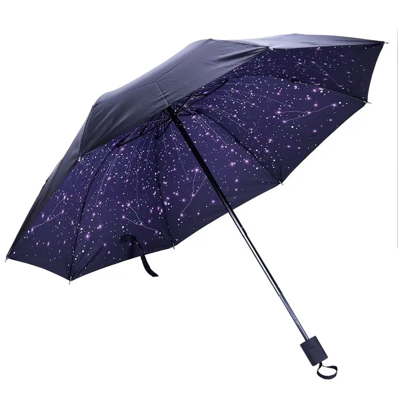 Stars Three-folding Umbrella Rainy Sunny Parasol Vinyl Anti-UV Umbrella Women's Umbrella Windproof Outdoor Rain Gear
