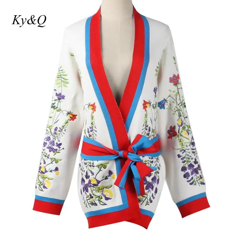 Vintage White Winter Runway Brand Designer Luxury Long Sweater Outwear Floral Embroidery V-neck Knit Cardigan Women Top