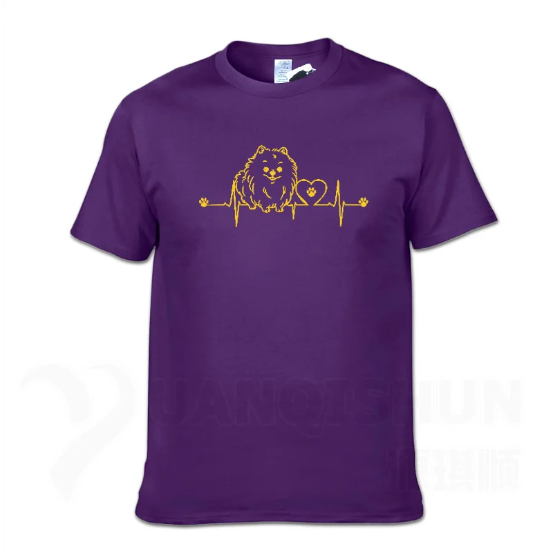 Purple 2 New Funny Pomeranian T Shirt Unisex Short Sleeve O-Neck 16 Colors Cotton Casual Cute Heartbeat Dog T-shirt Girls Woman Tshirt - Цвет: Purple 2