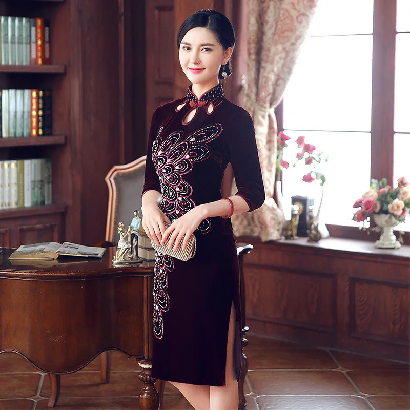 Новинка зимы Cheongsam Qipao женское элегантное тонкое бархатное китайское традиционное вечернее платье сексуальное с блестками с высоким разрезом Vestidos