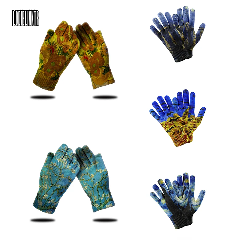 New Van Gogh Oil Painting Knitted Warm Women Mittens Gloves Sunflower Garden Work Gloves Touch Screen For Mobile Phone